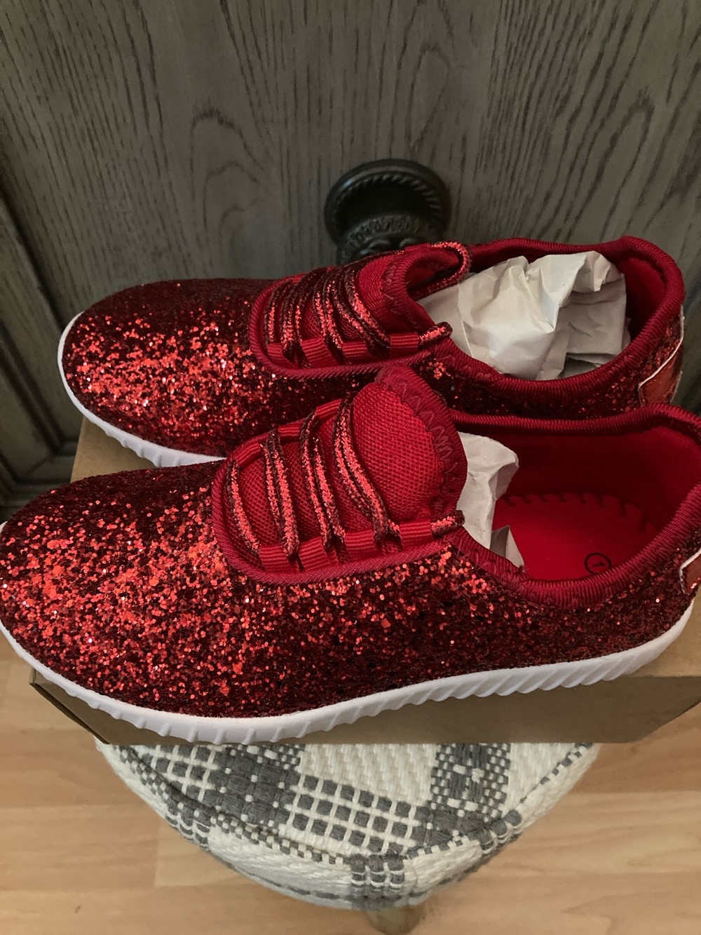 Sparkling Red Sequin Kids Sneaker with White Sole - Picture 6 of 7